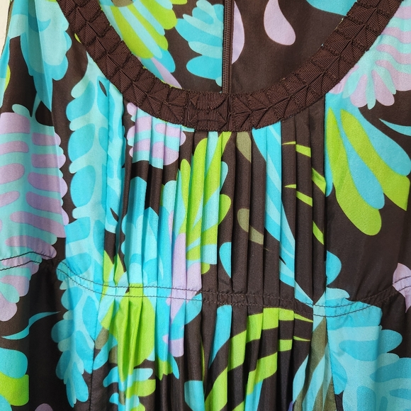 Tory Burch Short Silk Sleeveless Dress Brown/Blue/Green Pleats Size 10 - Picture 2 of 8